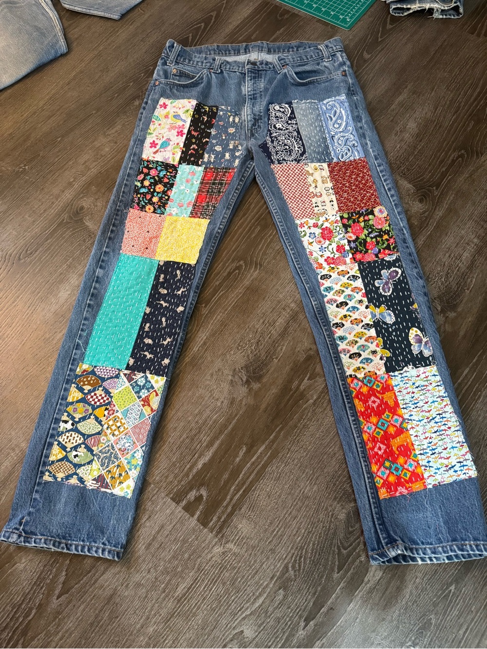 Levi's Patchwork Blue Denim Boyfriend Jeans with Multicolor Panels